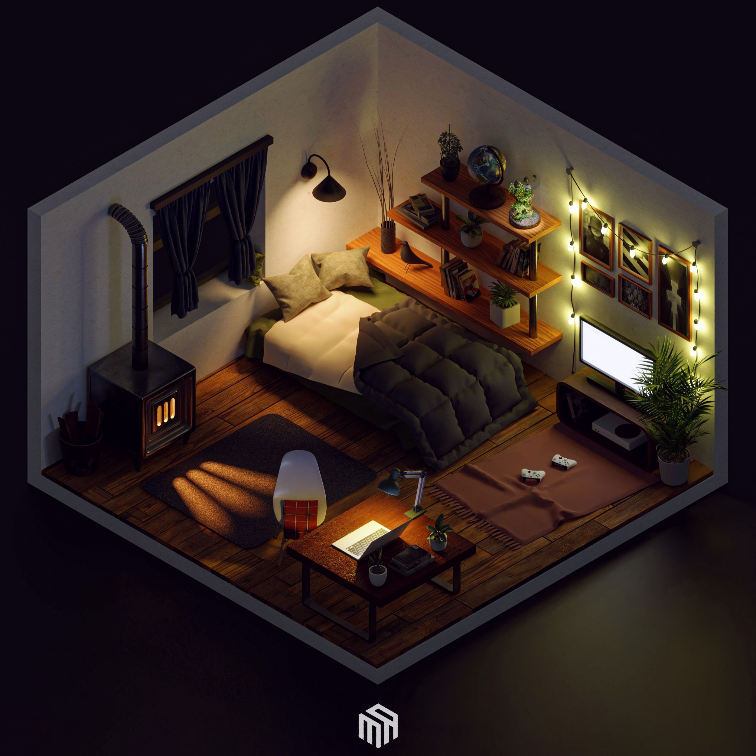 Isometric 3d illustration of cozy bedroom