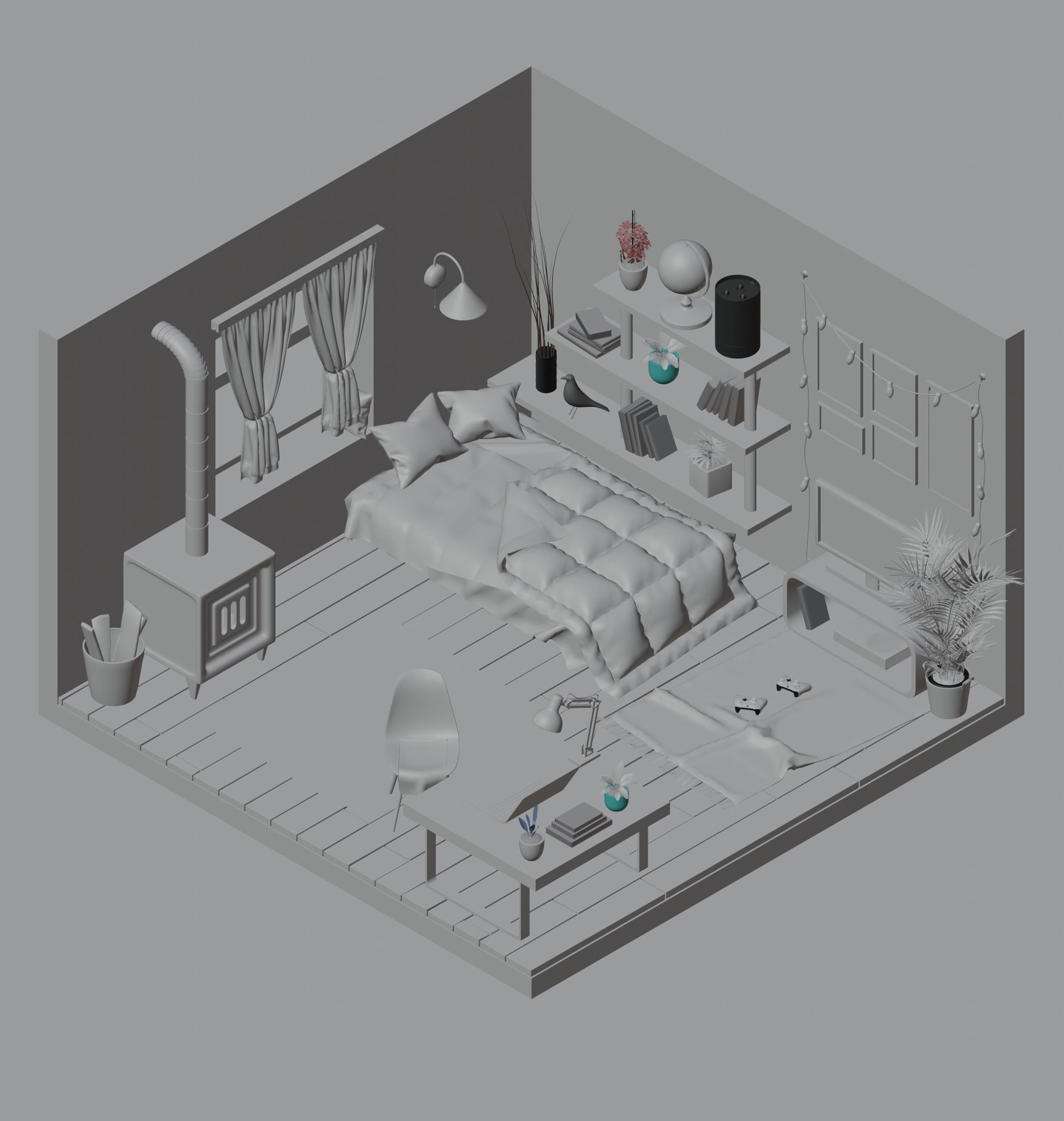 Isometric 3d illustration of cozy bedroom