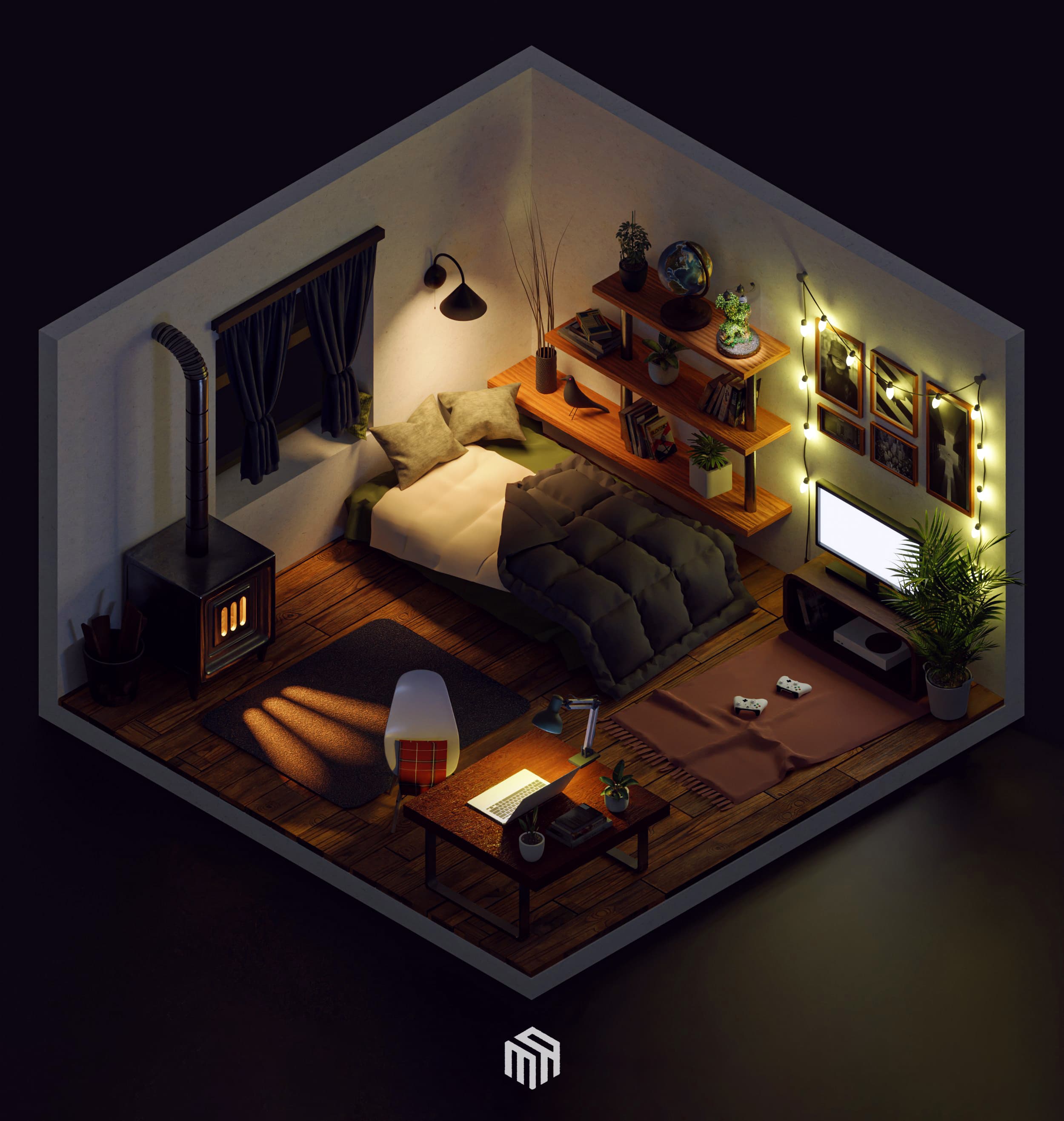 Isometric 3d illustration of cozy bedroom