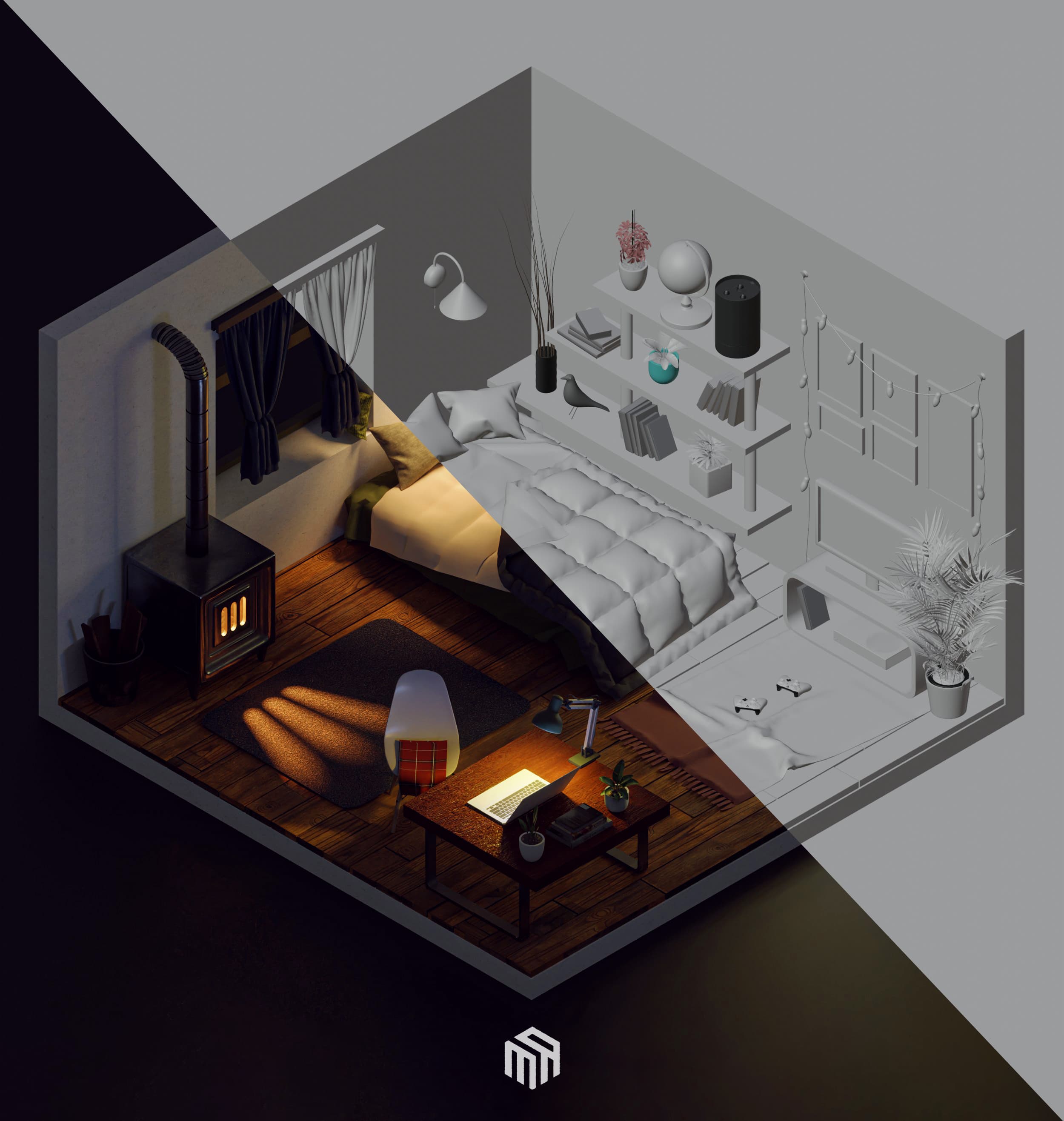 Isometric 3d illustration of cozy bedroom