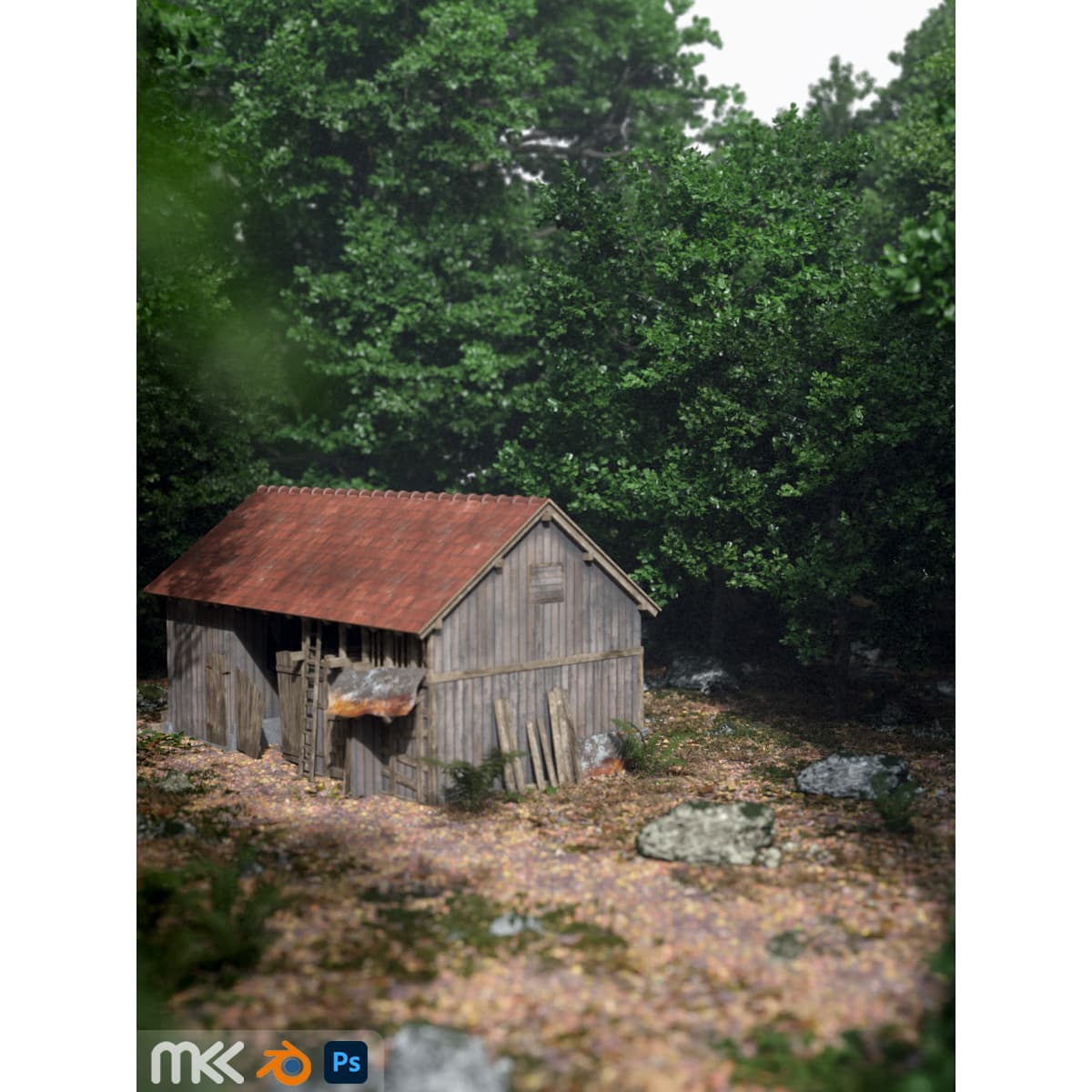 Cabin in middle of forest