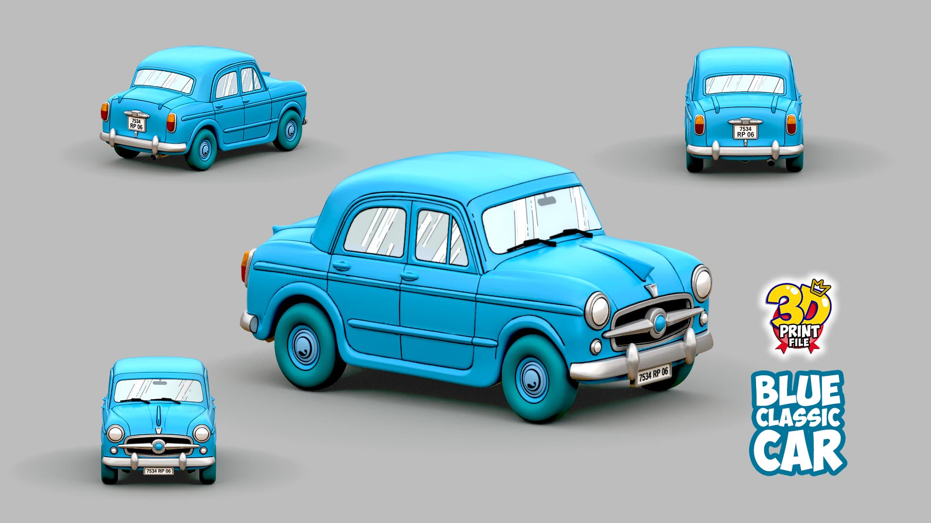 Blue Classic Car 3d print ready model from Sapristi Diorama