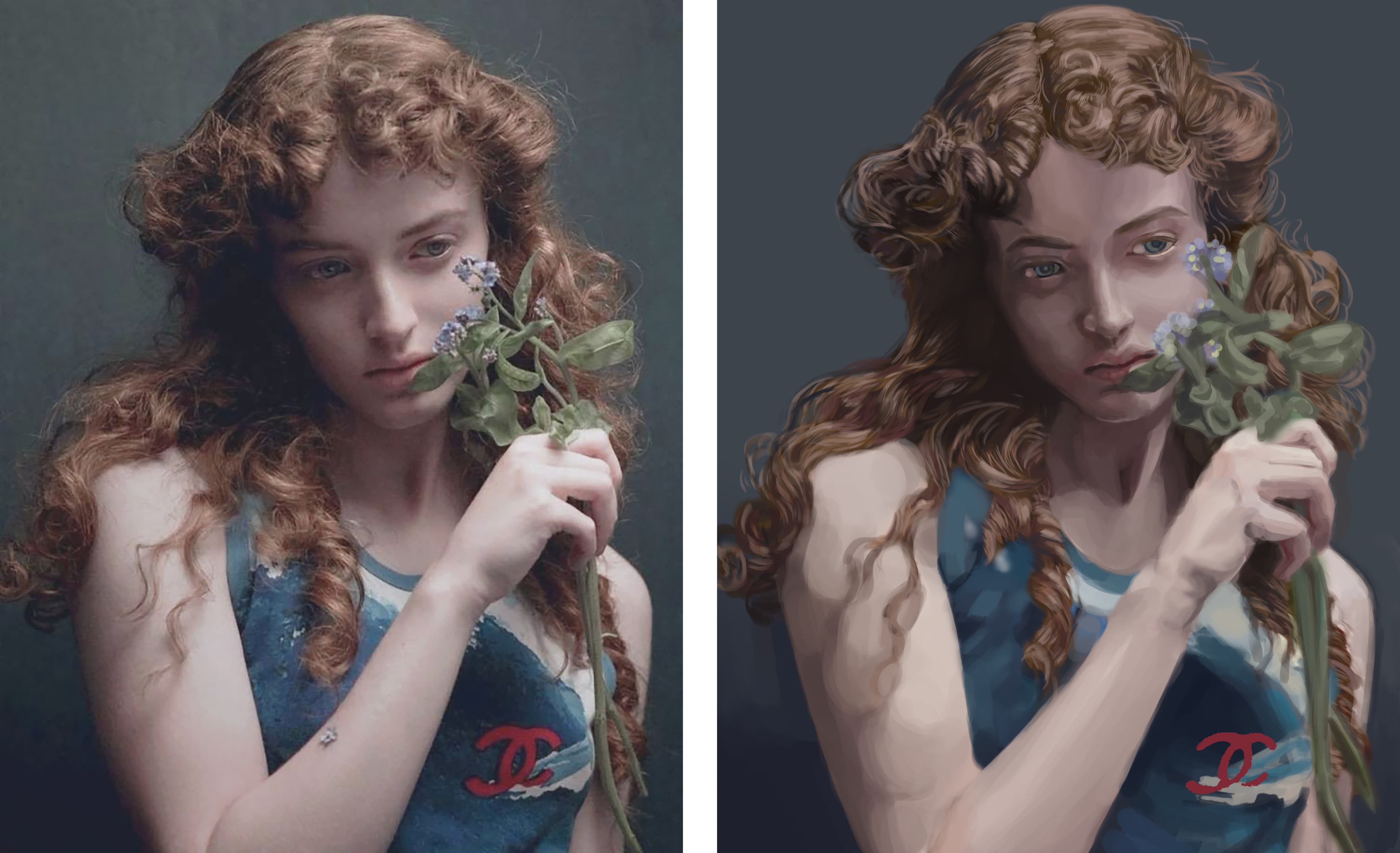 پرتره دختر و شاخه گل