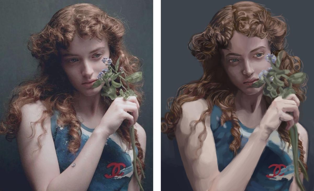 پرتره دختر و شاخه گل